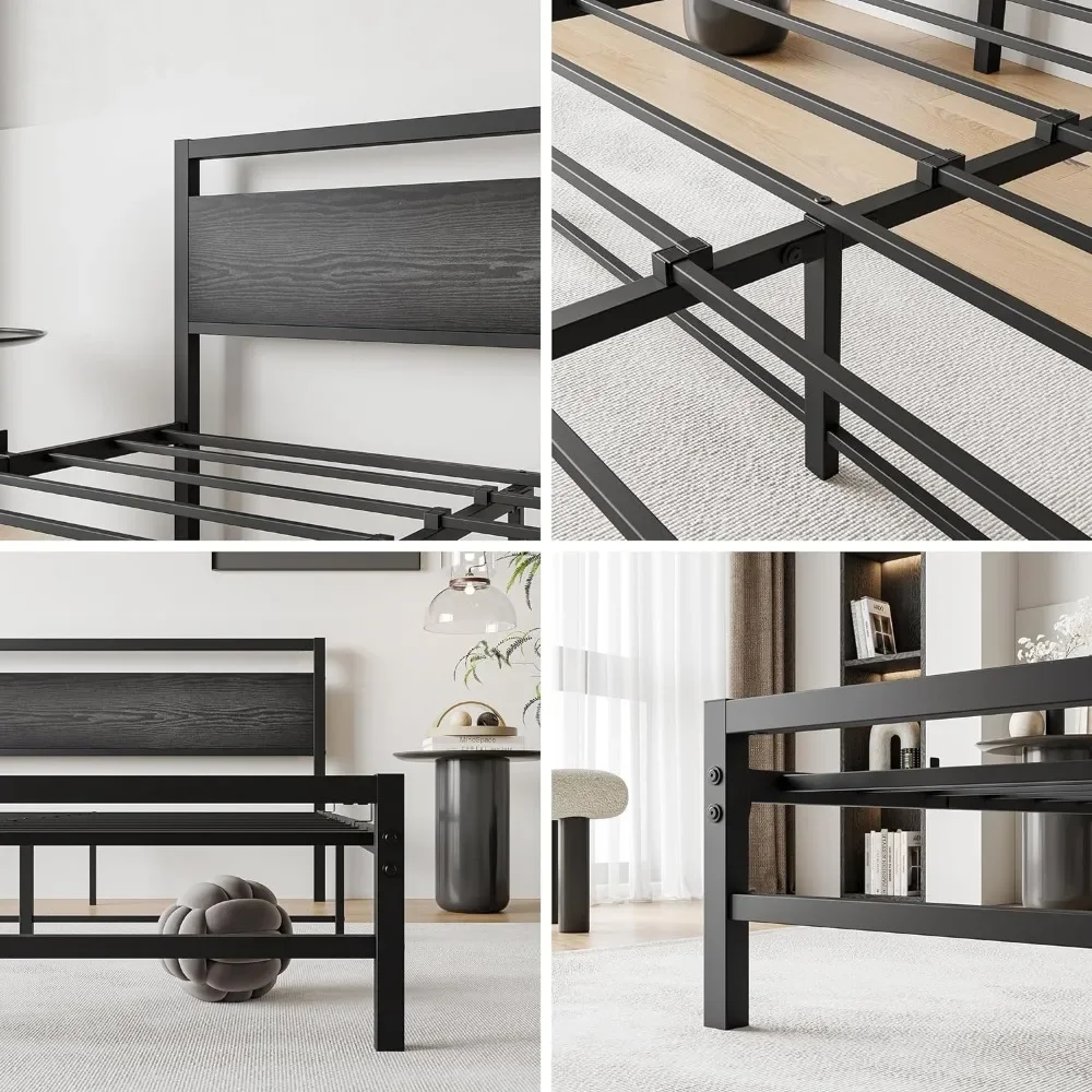 Queen Size Bed Frame with Black Wood Headboard,Heavy Duty Platform Bed Frames with Storage No Box Spring