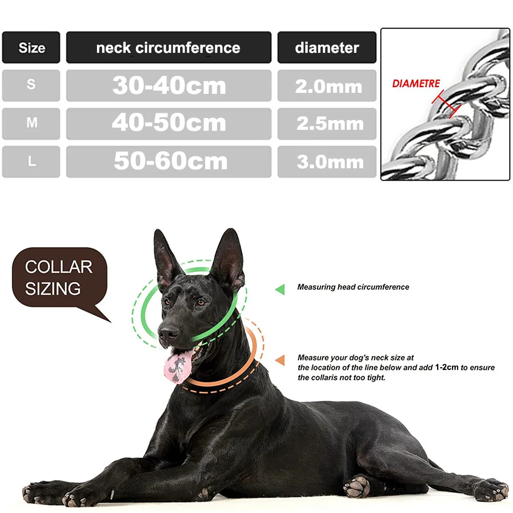 Stainless Steel Dog Choker Collar Martingale Collar for Dogs Training Double Row Chain Heavy Duty Collar for Medium Large Dogs