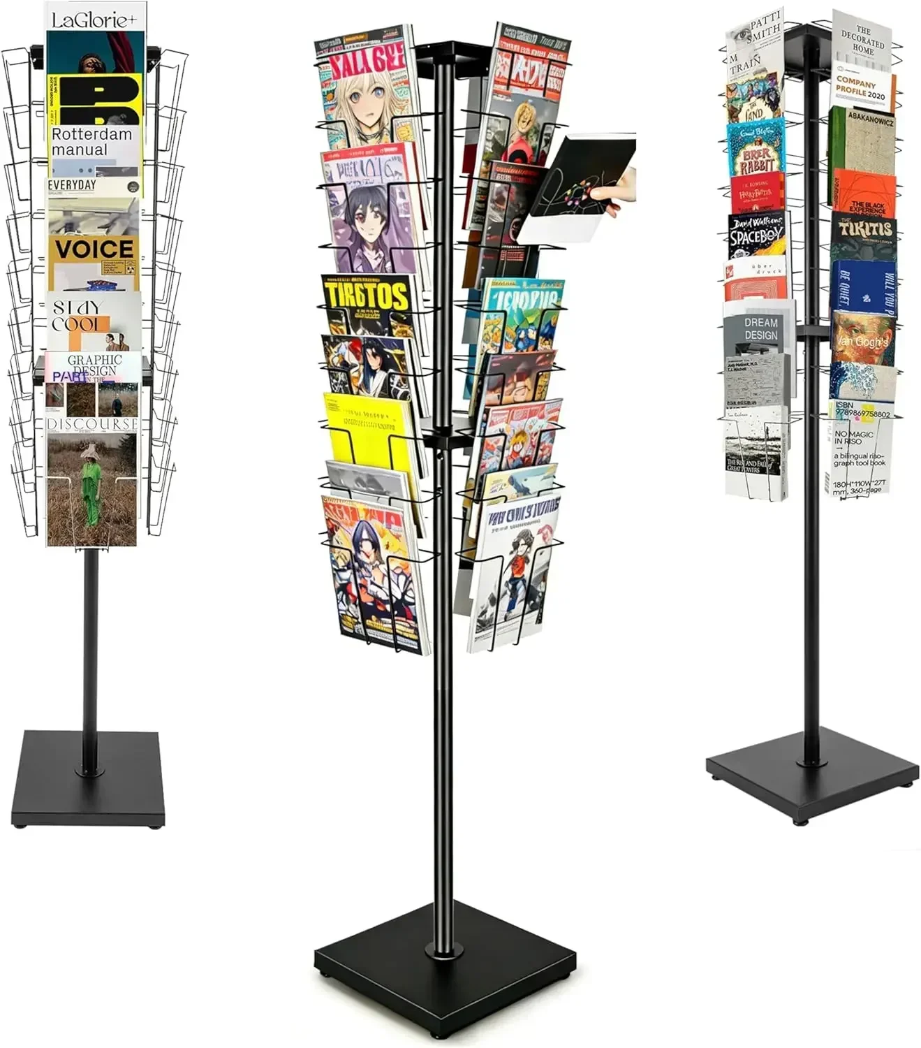 36 Pockets-360°Rotating Magazine Rack Holder 63in Floor Comic Book Shelf Brochure Display Stand Flyer Storage Pamphlet Catalog L