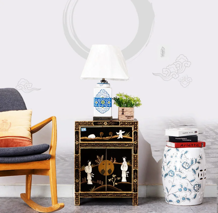 طاولة بجانب السرير فاخرة وطاولة بجانب السرير بتصميم ذهبي مرسومة يدويًا لغرفة نوم الفندق من خشب الدردار