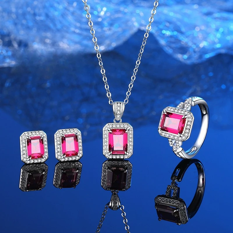 

PT950 Platinum Artificially Cultivated Gemstone Long Ruby Necklace Ring Earring Simulation Pigeon Blood RedThreePieceJewelry Set