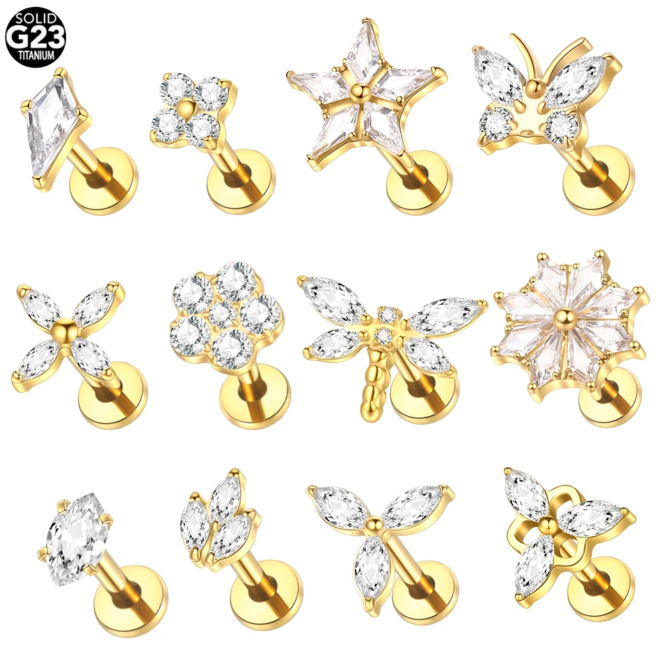 1PC G23 Titanium 16G Marquise Lotus CZ Flower Flat Back Stud Labret Tragus Helix Chrząstka Conch Kolczyk Piercing Seksowna biżuteria