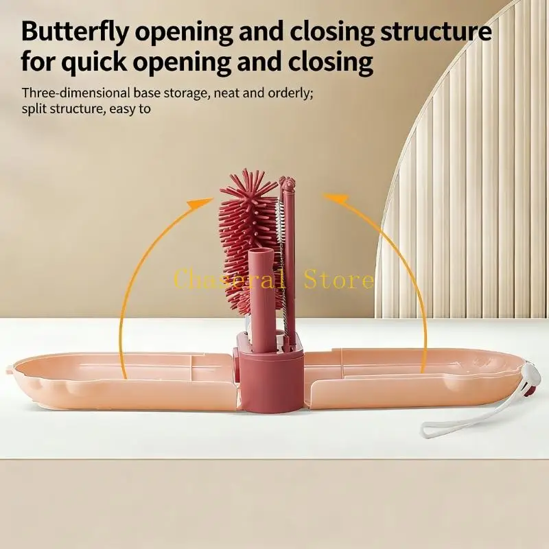 E7CE Convenient Baby Bottle Brush Set With Detachable Silicone Heads And Case Box For Safe Cleaning