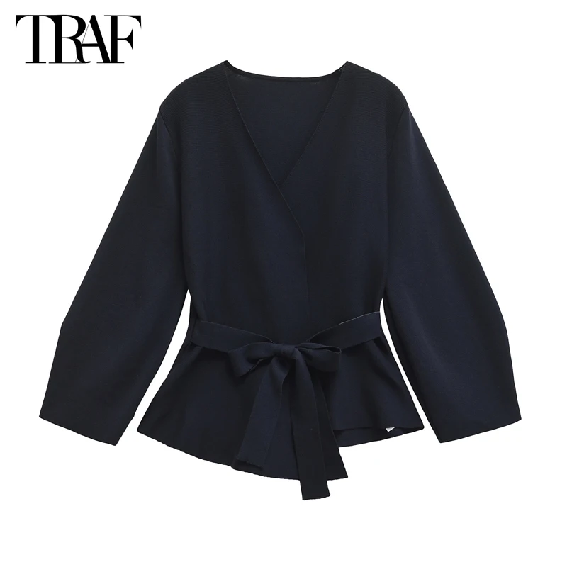 TRAF 2024 Women's Blazers Wrap Knit Casual Blazer Woman Shoulder Pads New Coats and Jackets Long Sleeve Belt Blazers for Women