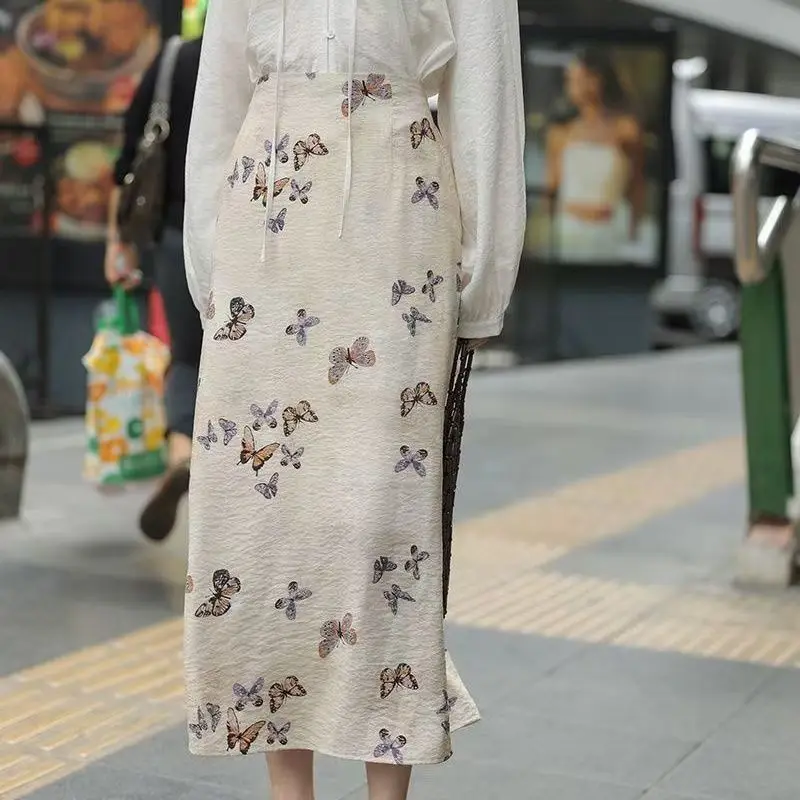 

New Chinese Butterdly Print Elegant Skirt Women Summer High Waist Straight Tube Slim Long Skirt With Lining For Women's Clothing