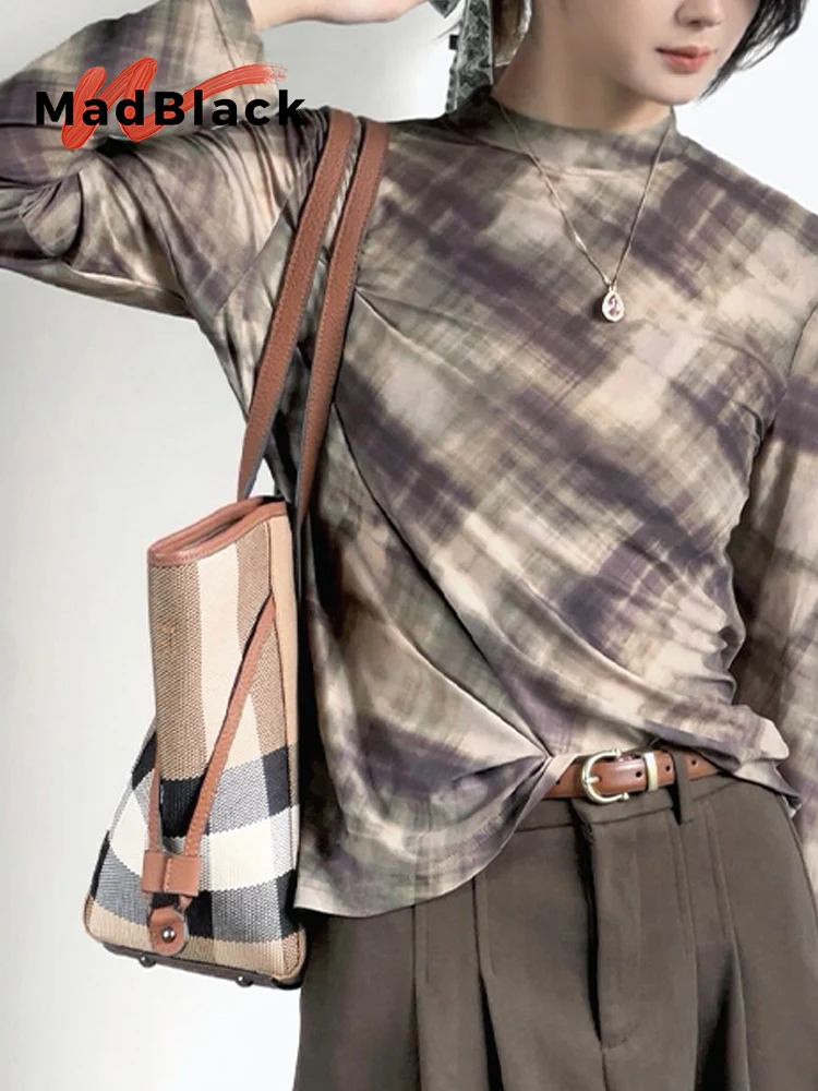 

MadBlack-Women European T-Shirt, Sexy Mock Neck Plaid, Fashion Modern Long Sleeve Slim M-2XL Elastic Tee, 2025 Winter T5N544CC