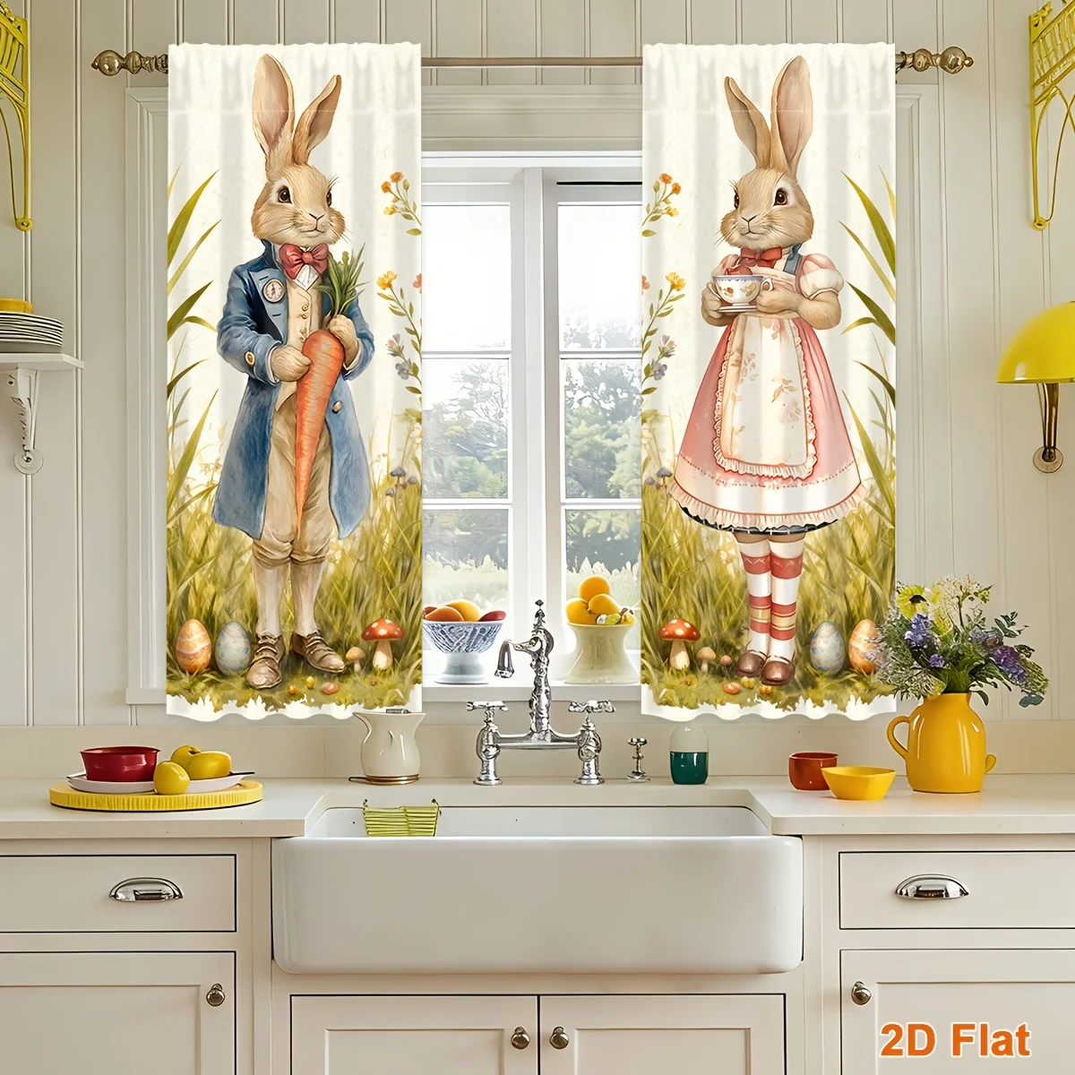 Pair of Whimsical Bunny Woodland Rabbit Storybook Curtain Drapes Cottagecore Printed Window Panels 2pcs Home Decor