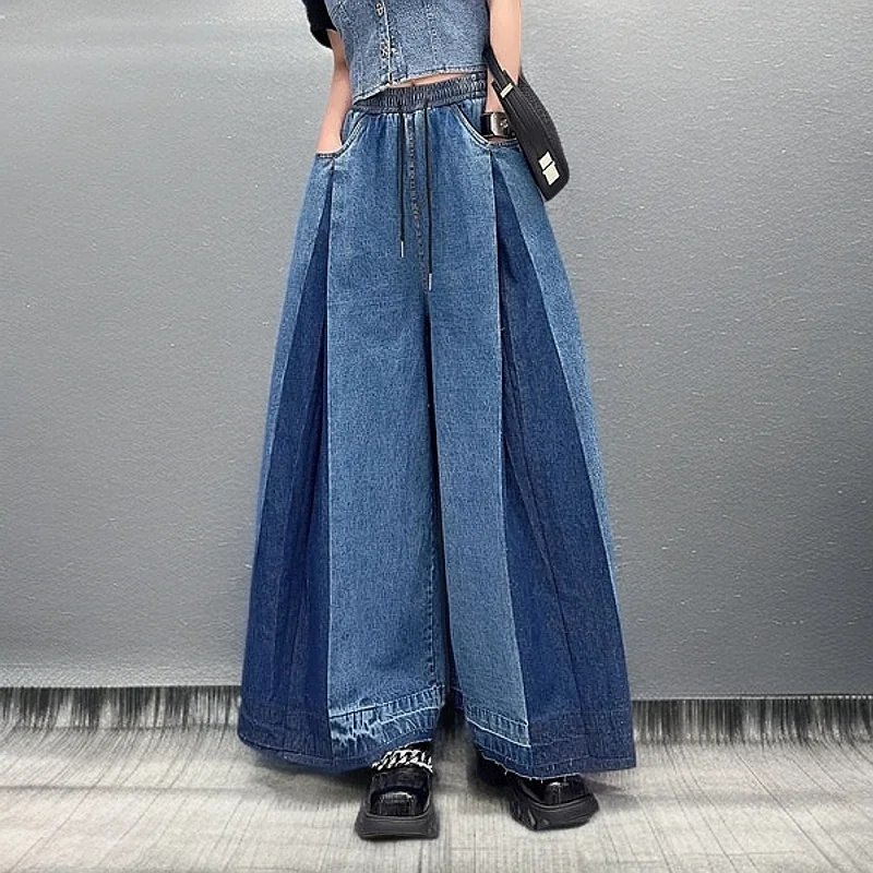 Spring 2026 New Style Trendy Versatile Patchwork Denim Wide Leg Pants Elastic Waist Belted Nine Pointed Casual High Waist Jeans
