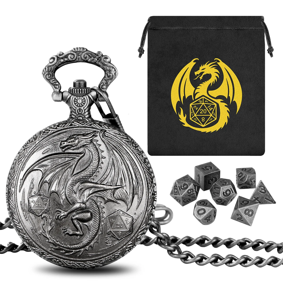 Retro Punk Dragon Metal Pocket Watch Case Polyhedral Mini Dice Set Black Storage Bag Gift for Entertainment Role-Play Games