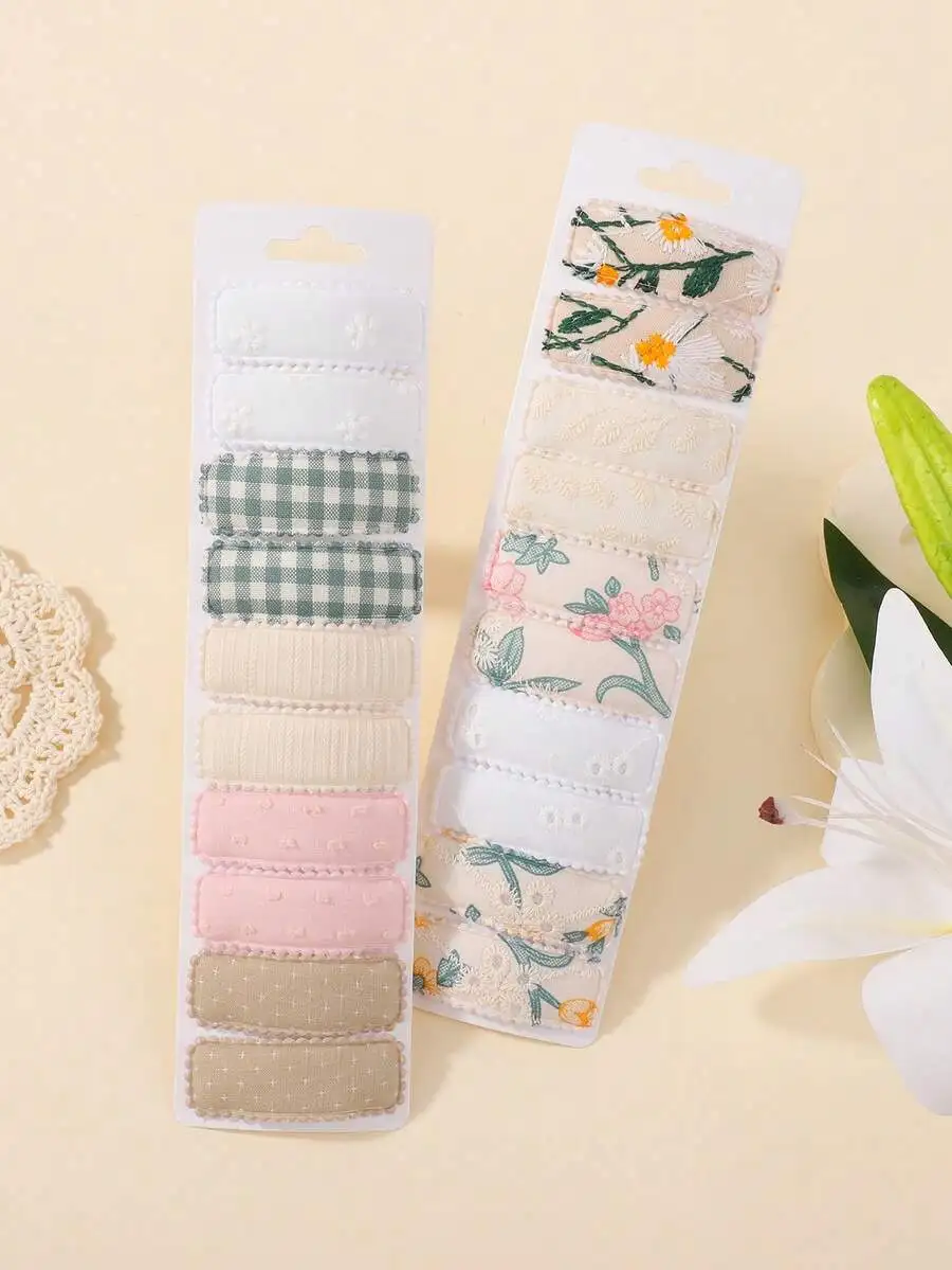 

20pcs Set Fabric Hair Clips With Floral Grid And Embroidery For Women