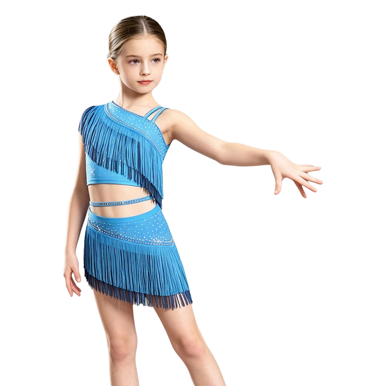 Kids Girls Tassel Latin Dance Outfit Shiny Rhinestone One Shoulder Crop Top with Built-in Briefs Skirt for Ballroom Tango Rumba