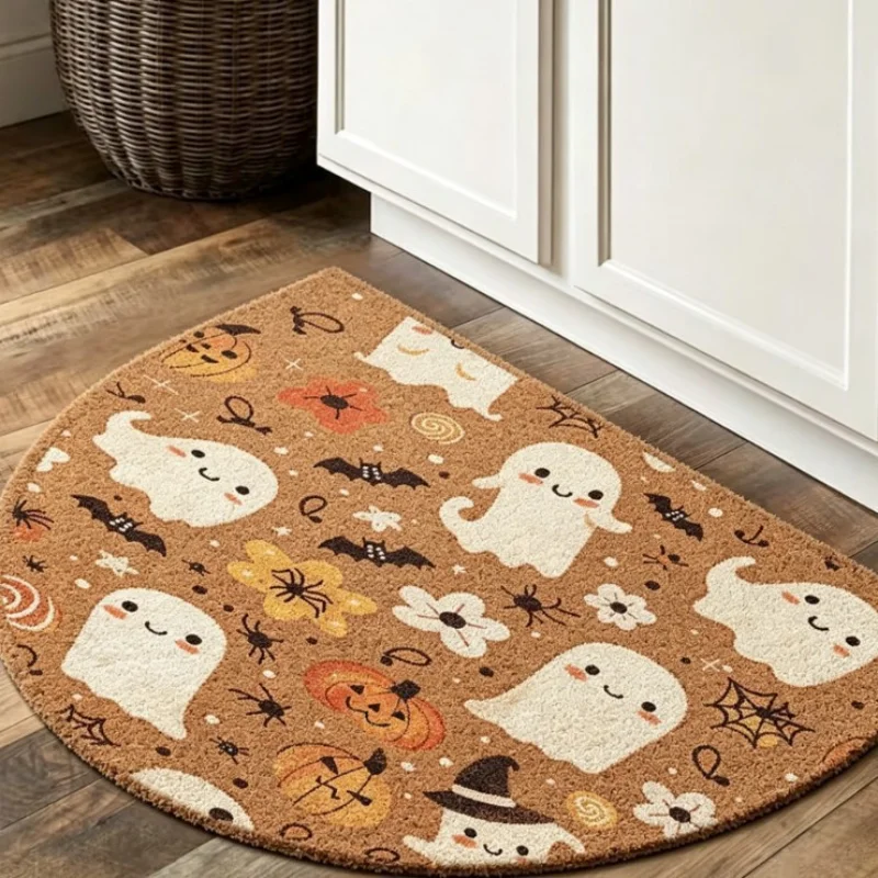VIKAMA Halloween Costume Dogs Semicircle Doormat Pumpkin Bat Spider Web Non Slip Floor Mat Front Door Holiday Home Decor