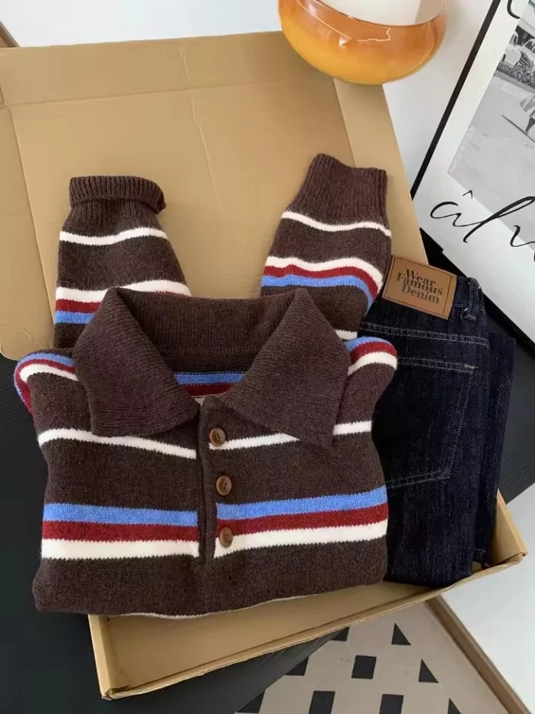 Retro Koreanische Gestreiften Langen Ärmeln Revers Gestrickte Pullover frauen Herbst Winter Casual Vielseitige Pullover Strickwaren Top