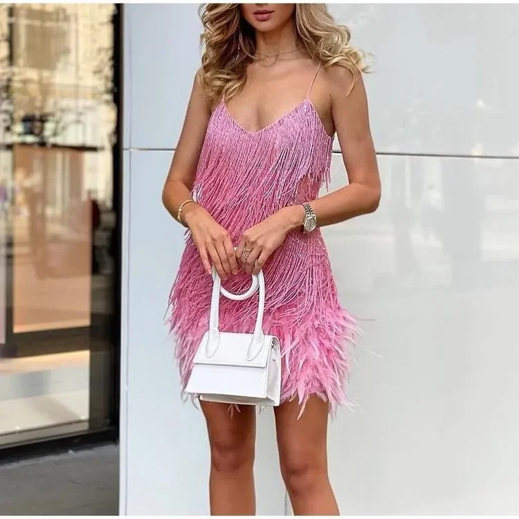 

Sequins Tassel Feather Spaghetti Strap Dress Women Evening Party Club Elegant Sexy Fashion Stitching Mini Dresses