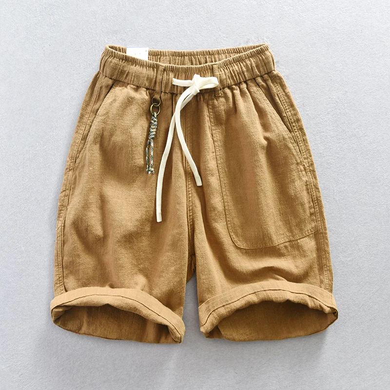 Summer Thin Linen Cotton Blend Shorts Men Loose Thin Breathe 5-Pocket Cargo Shorts Casual Americana White Khaki