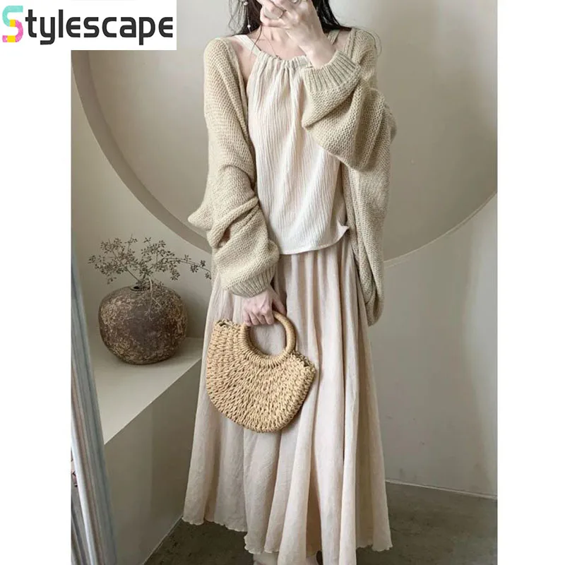 

Pure Desire Wind Set Women's Spring 2024 New Sweater Cardigan+Neck Hanging Tank Top+Half Length Long Dress Three Piece Set Dress