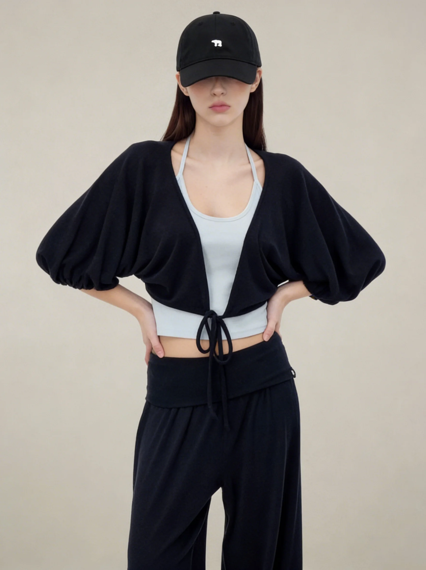 

Korean Style Lantern Sleeve Open Cardigan Strap Long Pants Casual Set Women's Beautiful Summer Outfit Whole Set High Waist Lo...