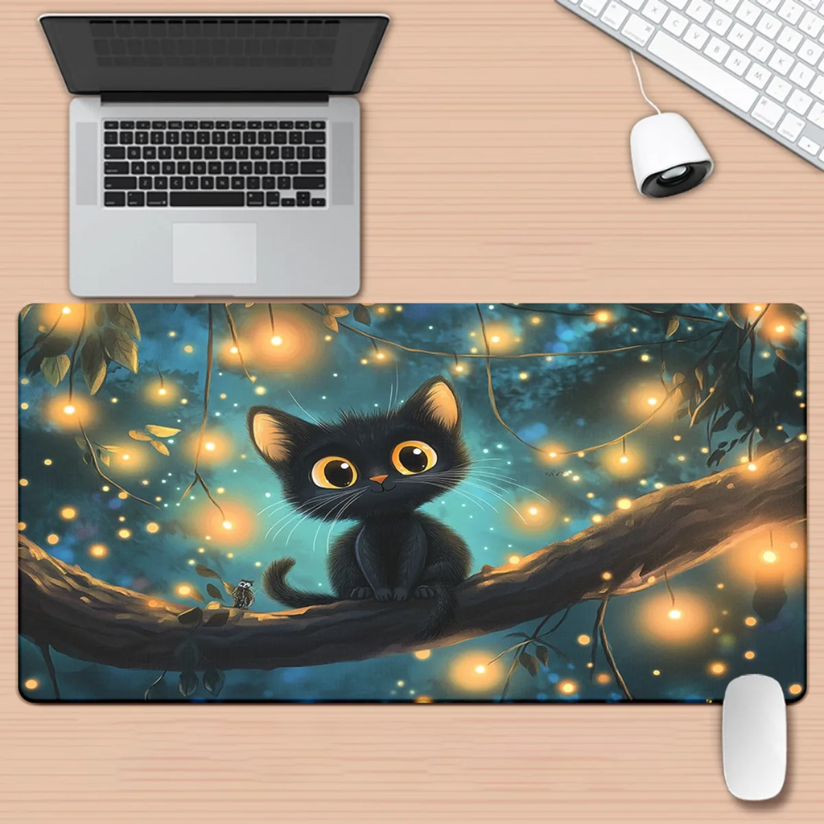 

Enchanting Black Cat in Twinkling Lights XXL Mouse Pad Durable Rubber Base Desk Mat for Gaming Office