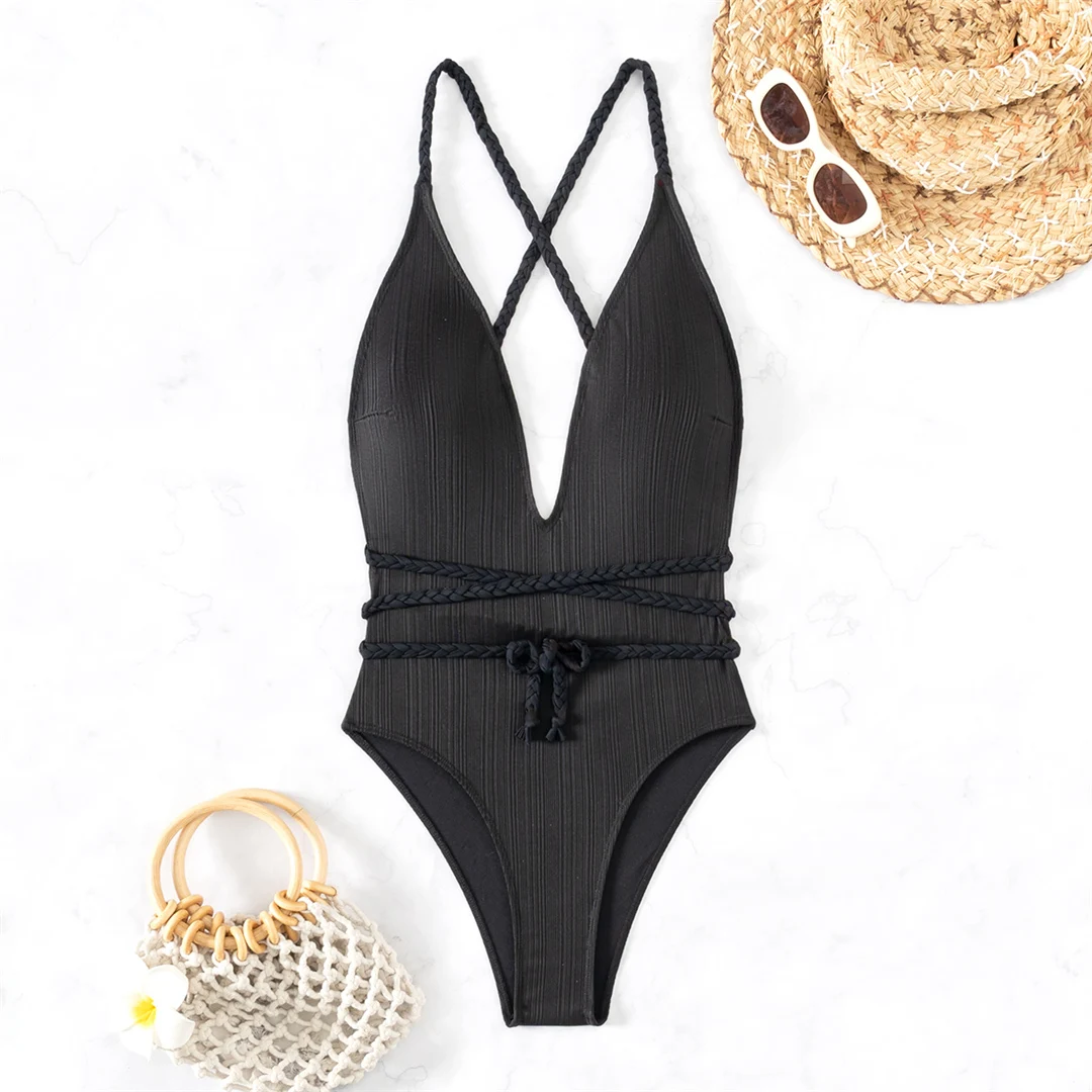 Einteiliger Badeanzug mit tiefem V-Ausschnitt und überkreuztem Rücken, Damen-Badebekleidung, Monokini mit hohem Beinausschnitt, Badeanzug, Badebekleidung, V5613 – Detail 9