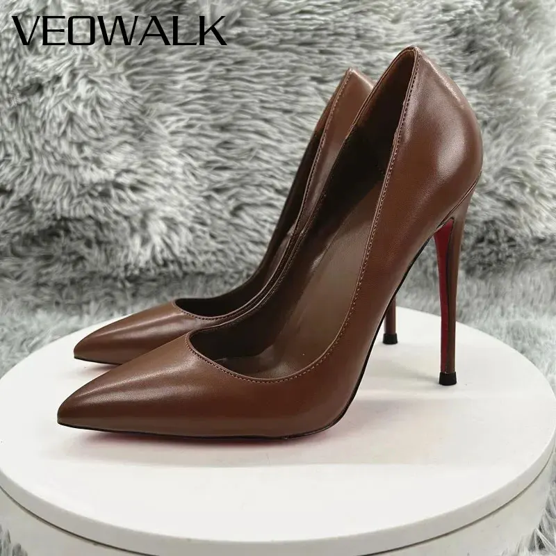 Veowalk NEW 2026 Women's Brown Leather Pointed Toe Stiletto Heels 12cm High Heel Slip-on Pumps Wedding Evening Party Dress Up