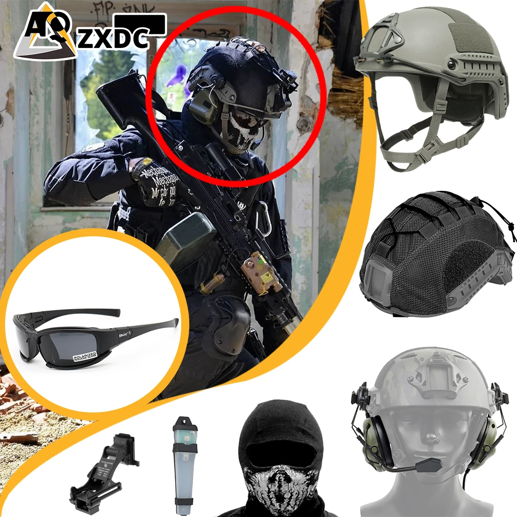 

Airsoft helmet, tactical PVS-14 mount set with communication headset, Flash signal light, goggles for tactical operations game