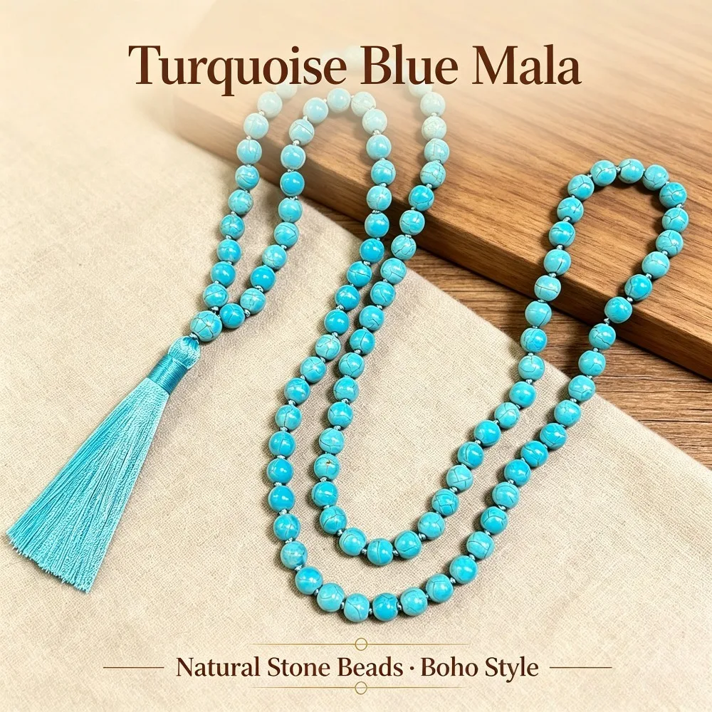 Hand Knotted Bohemian Beaded Nature Stone Necklace, 108 Bead Tassel Lariat Long Fashion Prayer Beads