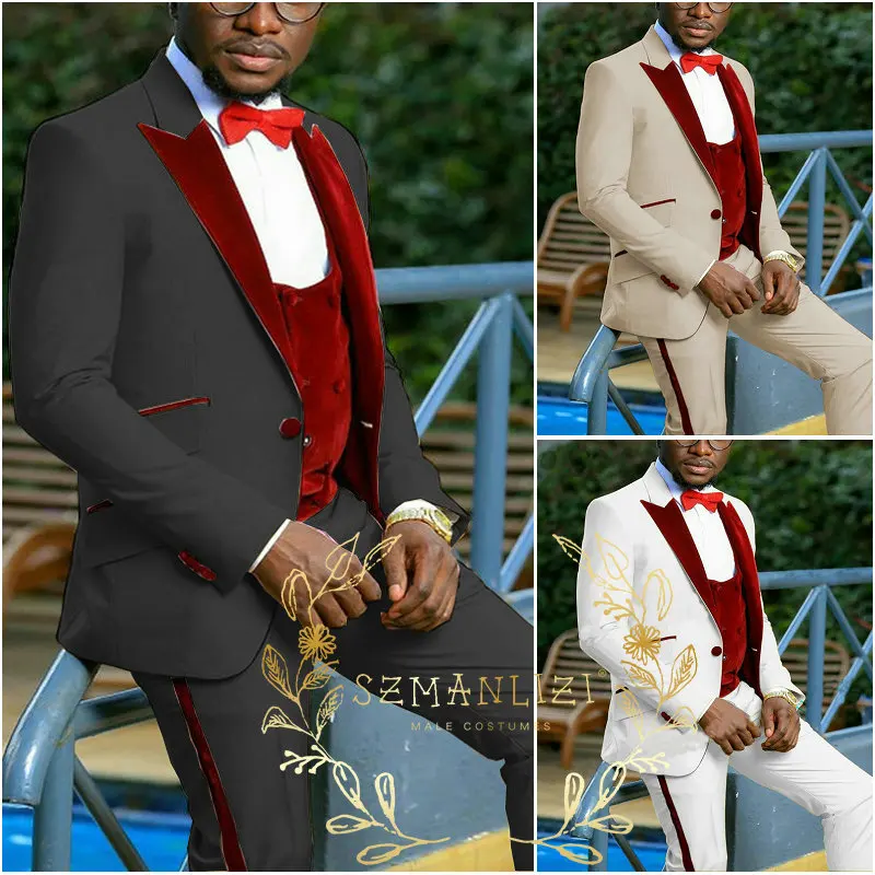 Handsome 3 Pieces Mens Suits Slim Fit Wedding Tuxedo Groom Party Suits Groomsmen Costume Homme Best Man Blazer Vest Pants Sets