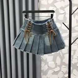 Pleated Skirt Girls Spring Summer New High Waisted Cowboy Short Korean Versatile Elastic Waist Fashion Sweet 2024