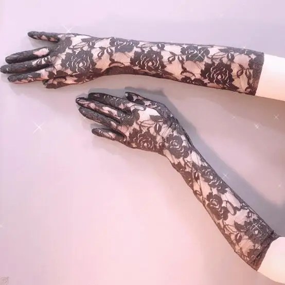 Lolita Gloves Gothic Lace Long Black Rose Transparent Women Party Vintage