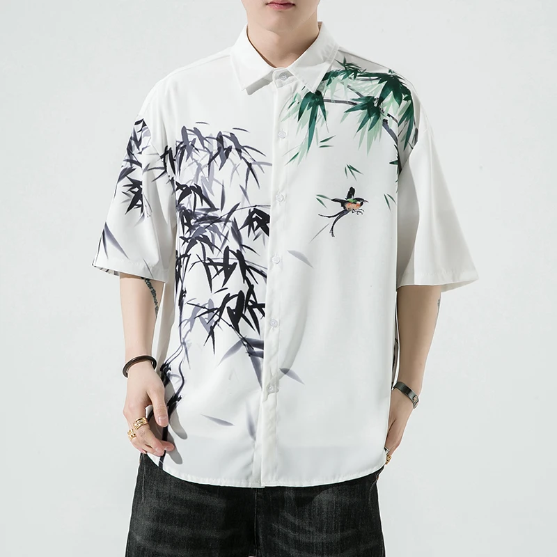 

2025 New Men's Short-Sleeved Shirt Chinese Style Printed Men's Hawaiian Lapel Top Large Size Casual Comfortable Men's Shirt
