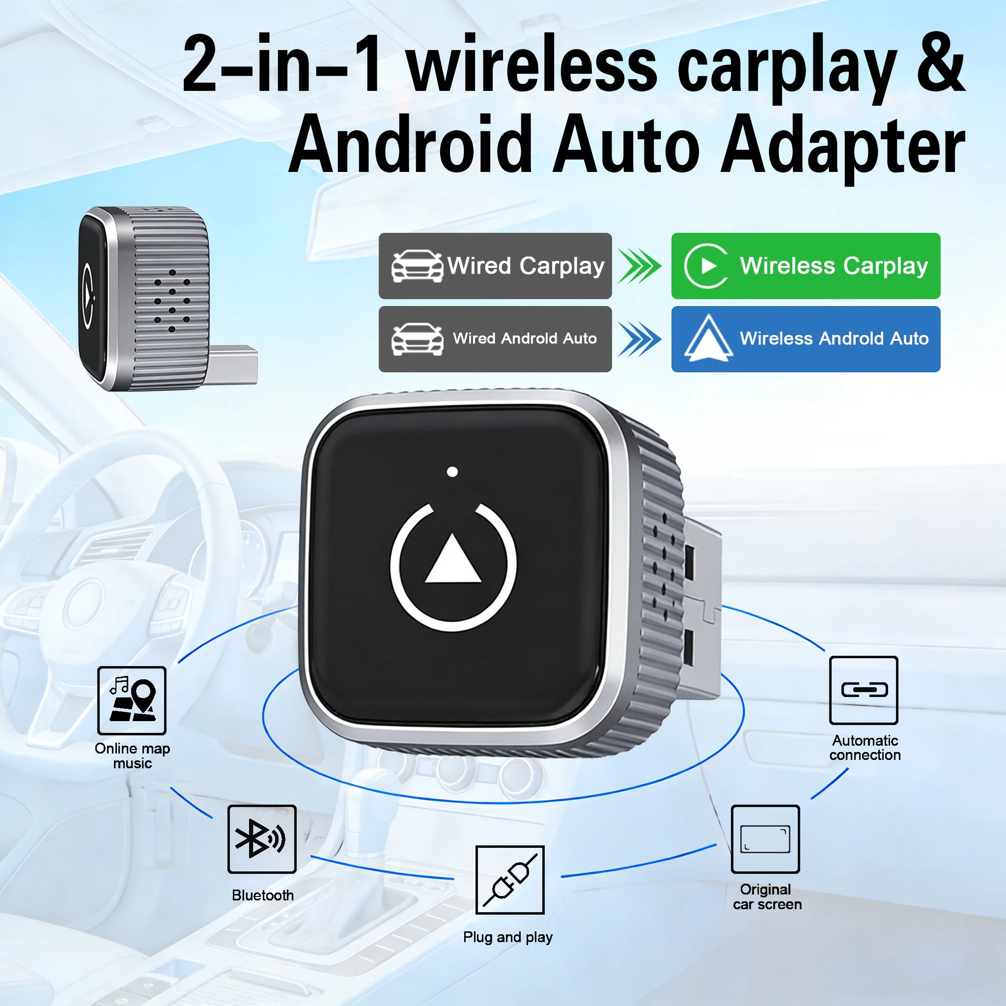 Wireless CarPlay&Android Auto USB Dongle,Upgrade Factory Wired to Wireless,Stable Transmission,Auto-Reconnect,Wide Compatibility