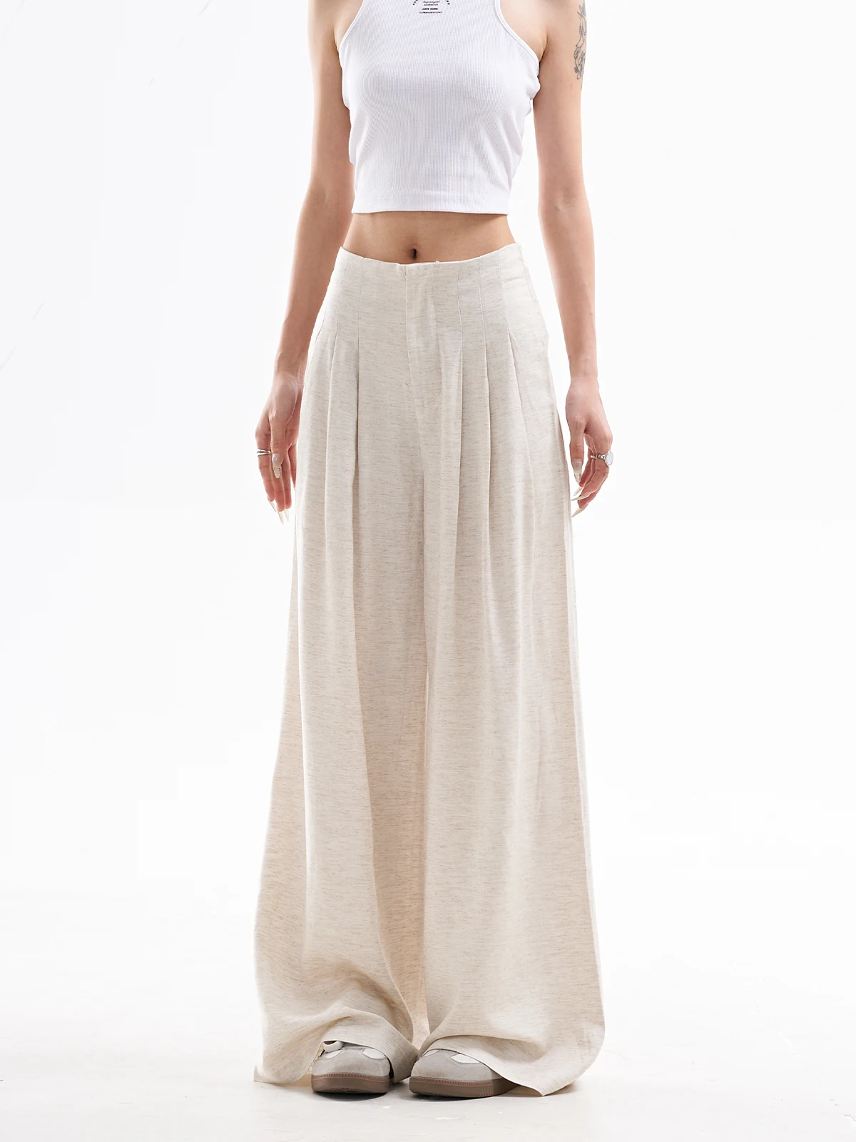 ZHISILAO New Beige Floor Length Pants Women Vintage High Waist Wide Leg Trousers Summer 2024