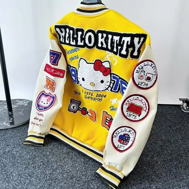 

Cartoon Hello Kitty Baseball Jacket Y2K American High Street Towel Embroidered Letters Coat Couple's Single Breasted Loose Top