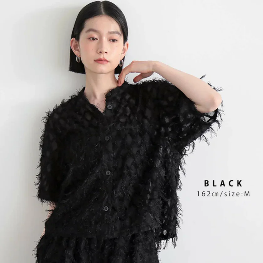 Lotte 2026 Summer New Feather Tassel Semi-Transparent Stand Collar Short Shirt With Gentle Atmosphere Short Sleeve Blouse