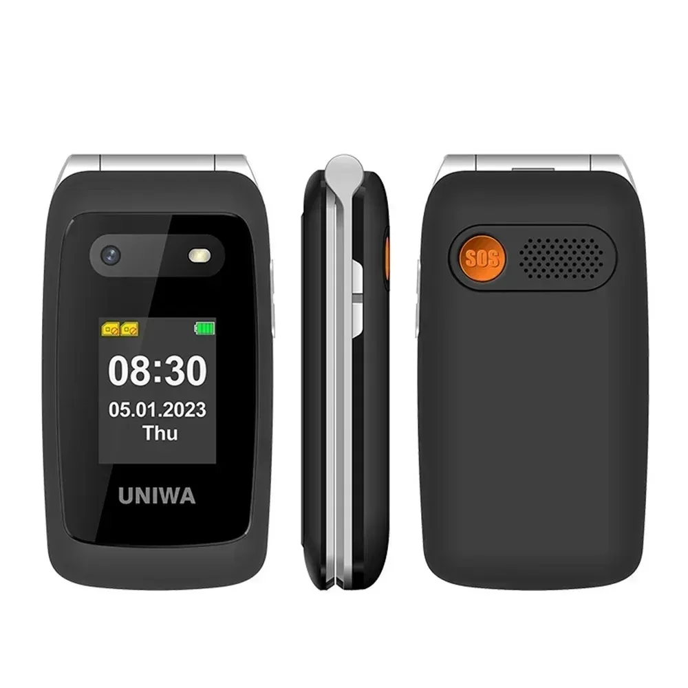 UNIWA V202T 4G Seniorenklaptelefoon met dubbele schermen, grote drukknoppen, 1450mAh batterij en SOS-functie.