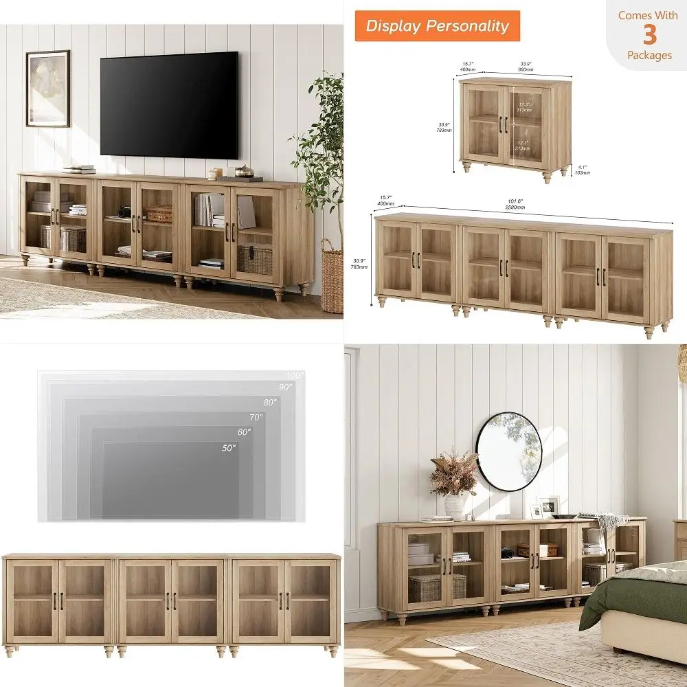 

Farmhouse TV Stand for 75 inch TV with 4 Glass Doors, Wood Universal TV Stand with 4 Storage Cabinets, Grey Entertainment Cente