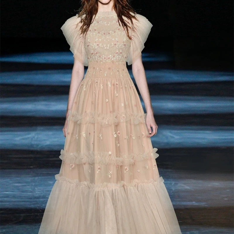 

2025 autumn Vietnamese niche designer round neck heavy embroidery waist long dress-GZXX676