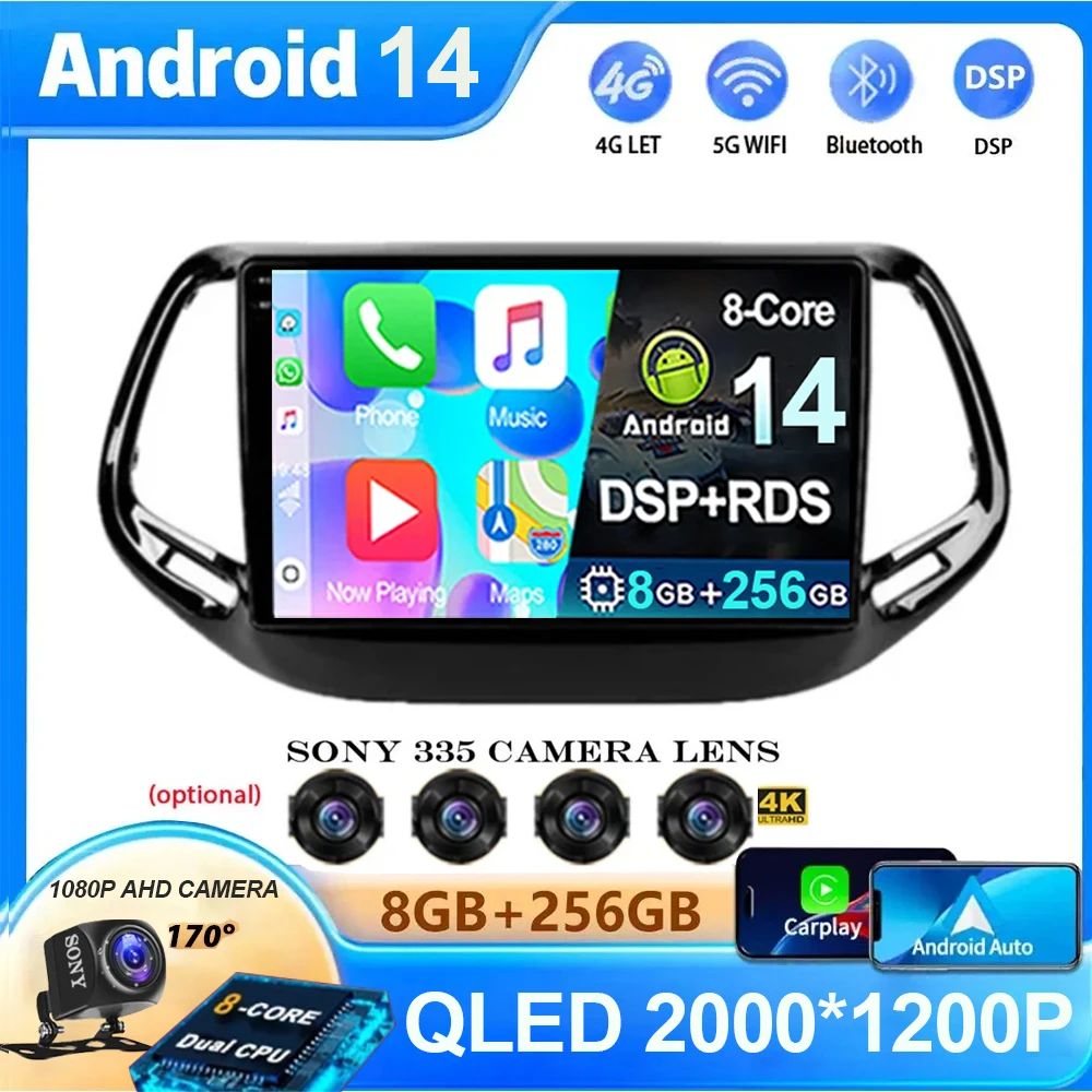 

Android 14 Car Radio For Jeep Compass 2017 2018 2019 Multimedia Video Player GPS Navigation Carplay Auto Stereo 360 Camera