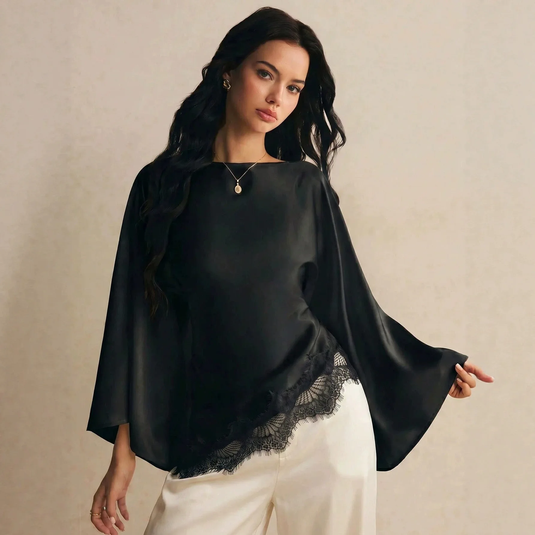 Ins Style 2026 New Satine Lace Spliced Loose Bell Sleeve Women's Blouse Summer Dresses 2026 Party Vestidos Luxury Femme