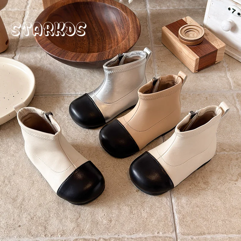 Classic Brand Design Black White Short Boots Kid Girls Autumn Round Toe Side Zipper Flat Boots Baby Child Leather Ankle Botas