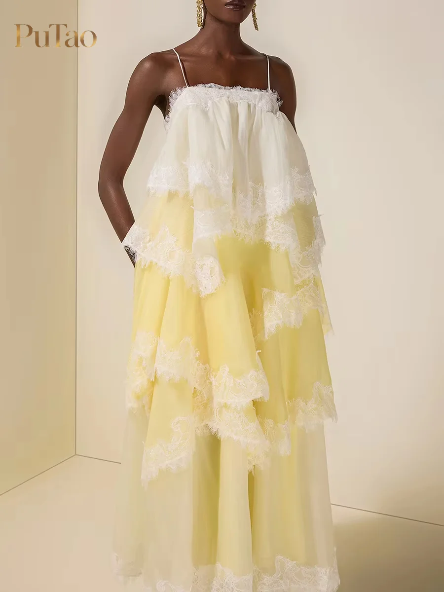 Putao Gradient Spaghetti Strap Maxi Dress Tiered Ruffled Lace Trim Sheer Layered Skirt Women Wedding Guest Bridesmaid Formal