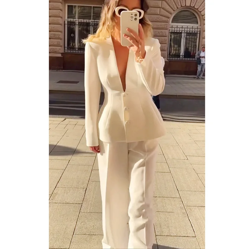 Elegant Blazer Coat Pant Sets 2 Pieces Women Deep V-neck Pants Suit Casual Trouser Suits 2024 Autumn Lady Office Outfits Elegant