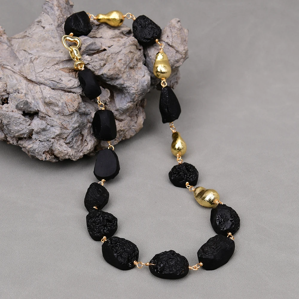 

GG 20'' Natural Black Meteorite Stone Rough Fancy Gems Nugget Gold Plated Brushed Bead Necklace