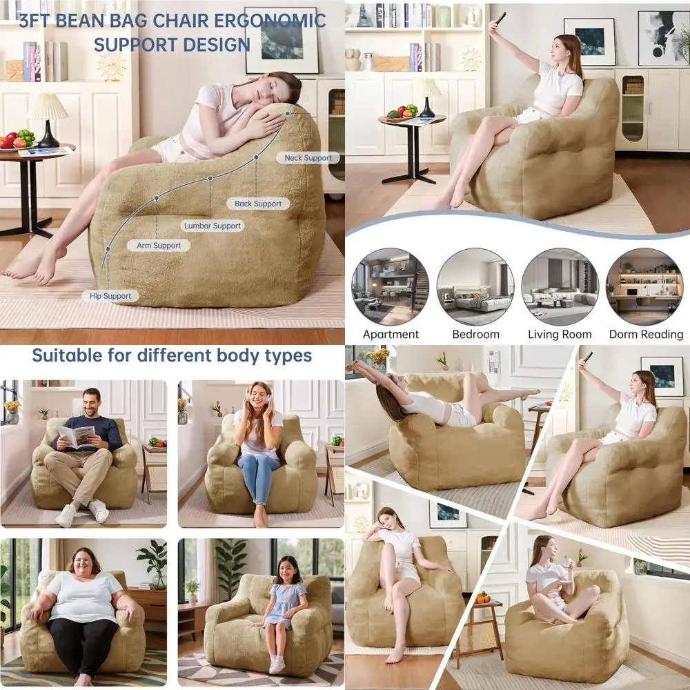 

Adult & Teen Bean Bag Chairs, 3FT Comfy Lounge Couches with Memory Foam Filling, Ideal for Bedrooms, Living Rooms, Dorms (Khaki)