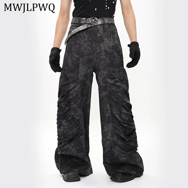 

MWJLPWQ Heavy Industry Wide-Leg Cargo Denim Pants Male Autumn Pleated Design High-End Deconstructed High Street Jeans New 11606