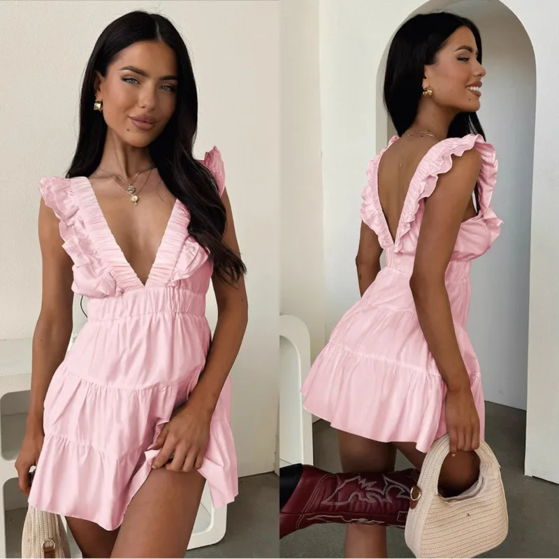 

Summer Sexy Deep-V Slim Fit A-line Dress For Women Chic Cake Style Short Skirt Party Wear Nightclub Dress Elegant Fashion Look