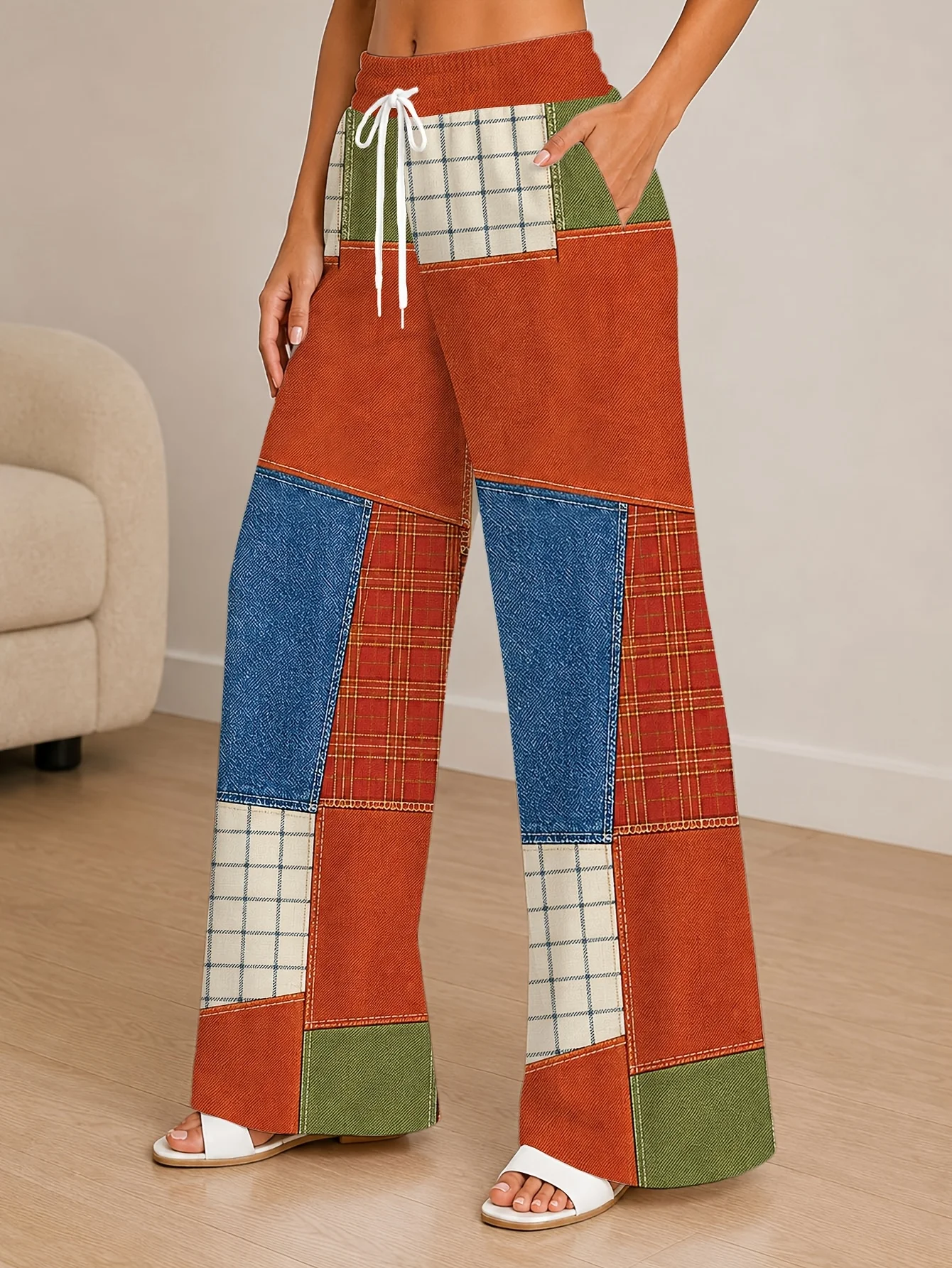 Women Wide Leg Pants Patchwork Plaid Print Drawstring Waist Loose Retro Casual Vacation Trousers Clothes