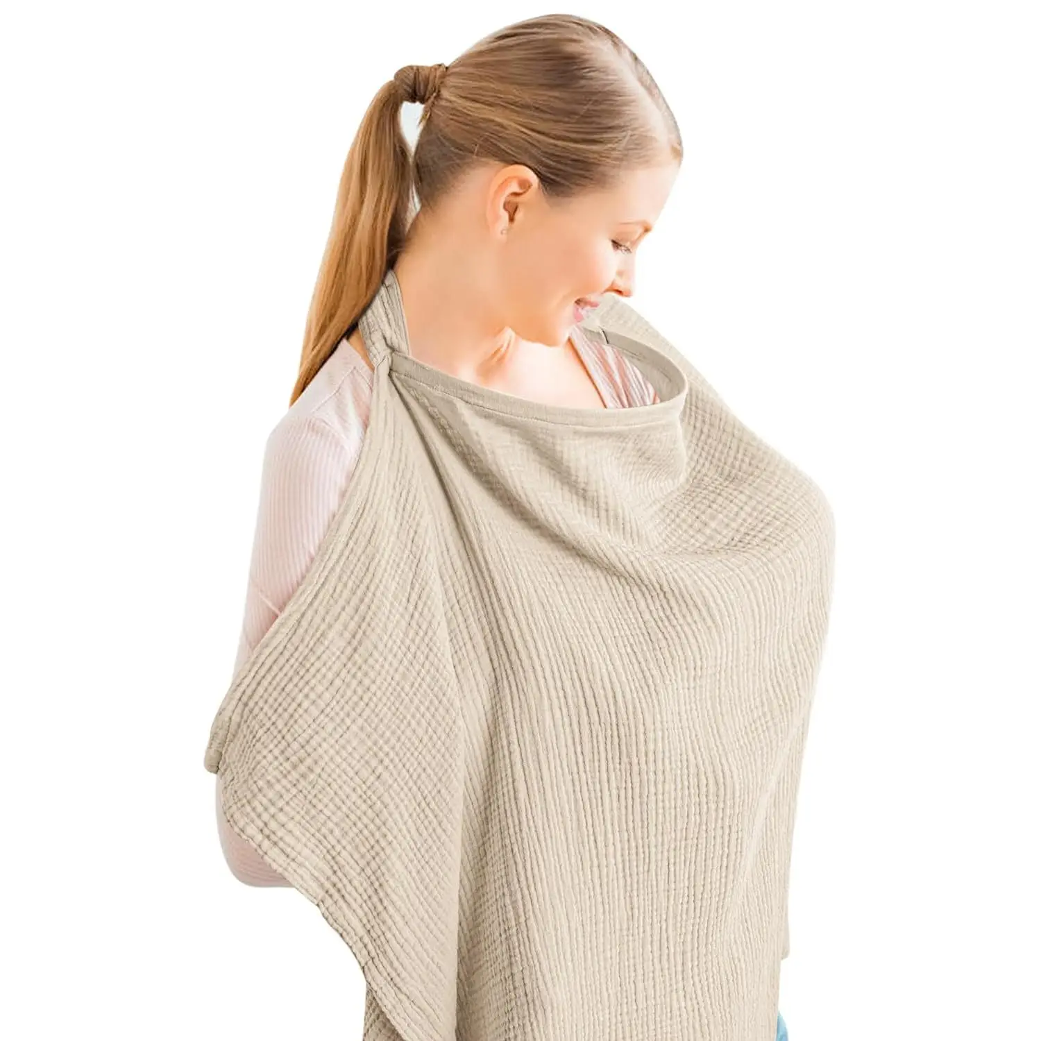 Baby Nursing Cover Mother Breastfeeding Cover Baby Breathable Cotton Gauze Nursing Cloth Feeding Cape Apron Beige 72*95Cm