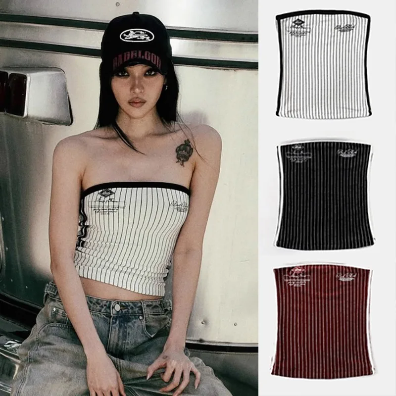 Korean badblood bcac sexy striped plunging street casual halter top women's niche blouse