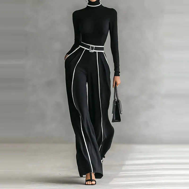 Vinage contraste cor magro roupa reta feminina casual gola alta bottoming topo & calças de cintura alta definir outono ternos manga longa